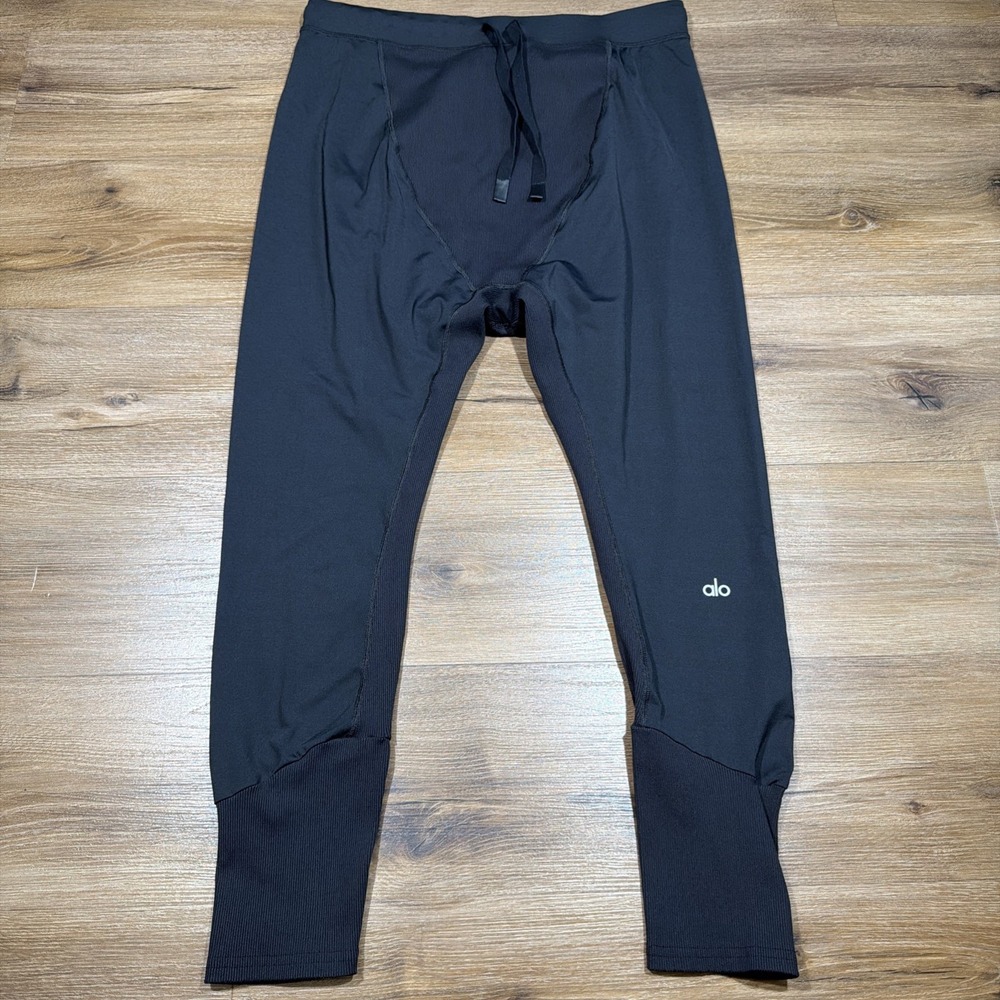 Alo Yoga Men's LARGE Joggers Black Ribbed Sweatpants Drawstring Made In USA